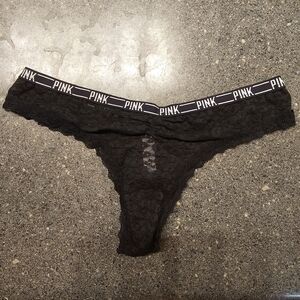 Pink by Victoria Secret, small, black, lace, logo thong.